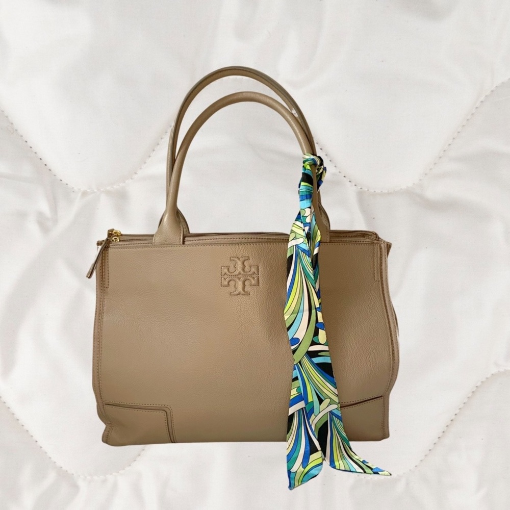 Tory Burch grey taupe canvas and leather expandable